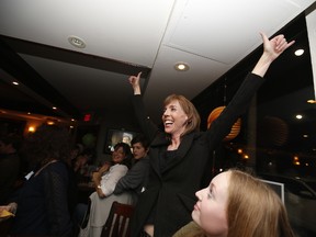 Incumbent Mary-Margaret McMahon celebrates here re-election in Beaches-East York (Ward 32) at the Grover Exchange pub on Oct. 27,2014. (Jack Boland/Toronto Sun)
