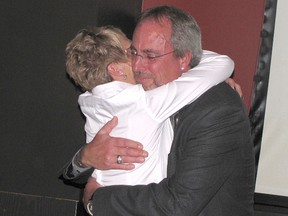 Randy Hope won re-election on Oct. 27. Here, he receives a hug from his wife, Diane.