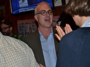 Jeff Leiper celebrates after upsetting incumbent councillor Katherine Hobbs in Kitchissippi Ward. (SOPHIE DESROSIERS Ottawa Sun)