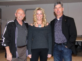 SARAH HYATT/DAILY OBSERVER
Left to right are: Keith Watt, Jennifer Gauthier and Brian Hugli at the Shady Nook Recreation Centre Monday evening for the 2014 municipal elections. Gauthier received the highest number of votes Monday, Watt received the second highest number of votes and Hugli the fourth highest number of votes. Here, Gauthier welcomes the two newcomers.