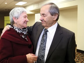 JOHN LAPPA/THE SUDBURY STAR/QMI AGENCY
Greater Sudbury mayoral candidate John Rodriguez shares a moment with his Wife, Bertilla, following election results in Sudbury, ON. on Monday, Oct. 27, 2014.