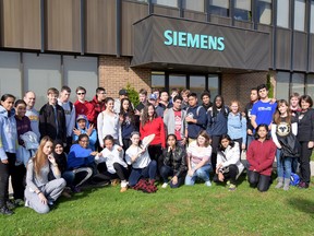 Students from Garth Webb Secondary School in Oakville toured the Siemens Canada wind turbine manufacturing facility in Tillsonburg on Friday, Oct. 24, 2014. (CHRIS ABBOTT/TILLSONBURG NEWS)