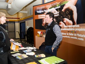 enny Tallman, owner of North of 49 speaks with Daniel Tasse,  Agriculture Development Officer Ministry of Agriculture and Food, during the Funding Forum on Oct 22nd. The free forum took place at the Tim Horton Events Centre and offered an opportunity for local business owners to meet with representatives from a variety of organizations that could help their business grow.