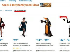This screengrab of Walmart.com shows the "Fat Girl Costume" label before it was taken down.