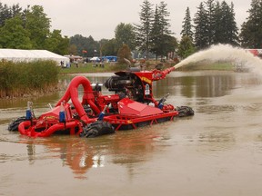 While it's far less likely liquid manure will be jetted into the air, the capability made for a spectacular water display at Canada's Outdoor Farm Show