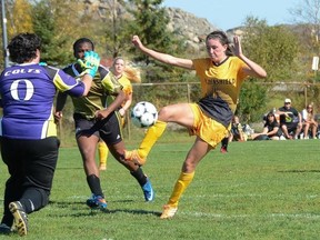 Cambrian's Tiffany Johnson gathers the ball in front of the Centennial Colts goal during OCAA women's soccer action this season. Johnson, a Sudbury native, was named the OCAA women's soccer player of the year last Thursday.