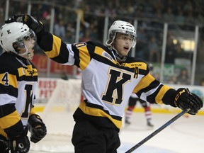 Roland McKeown, right, celebrates with teammate Chad Duchesne of during an OHL game in Kingston earlier this season. (ELLIOT FERGUSON/THE WHIG-STANDARD)