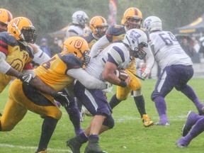 Queen's Golden Gaels Derek Wiggan, in action earlier this season, is the OUA's defensive player of the week. (Whig-Standard file photo)