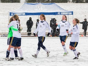 NAIT's women's soccer team celebrates its victory over Medicine Hat. (Supplied)