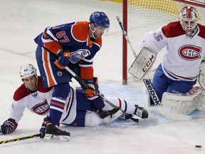Benoit Pouliot could be found in front of Canadiens netminder Dustin Tokarski much of the game on Monday. (David Bloom, Edmonton Sun)