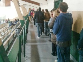 Sandra Haddad/For The Sudbury Star
Voters line up to cast a ballot at the T.M. Davies Community Centre and Arena on Monday. The Lively ballot station was among several voting locations where residents complained of long waits and accessibility issues.