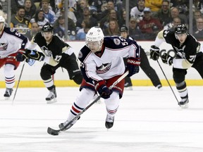 Columbus Blue Jackets centre Mark Letestu carries the puck during NHL action against the Pittsburgh Penguins at the CONSOL Energy Center. (Charles LeClaire/USA TODAY Sports)