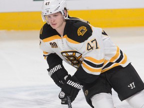 Torey Krug during warmups at the Bell Centre in Montreal on March 12, 2014. (BEN PELOSSE/LE JOURNAL DE MONTRÉAL/QMI AGENCY)
