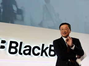 BlackBerry chief executive John Chen speaks during the official launch of the Passport smartphone in Toronto in this file photo taken Sept. 24, 2014.  REUTERS/Aaron Harris/Files