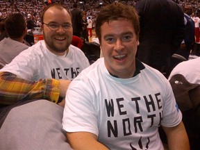 Ryan Norman, left, and Matt Pollard courtside at Raptors season opener Wednesday, Oct. 29, 2014. (Joe Warmington/Toronto Sun)