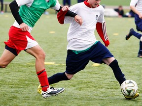 Action from the Bay of Quinte senior boys soccer final between St. Paul's and Quinte, Wednesday at MAS II. (Tim Meeks/The Intelligencer)