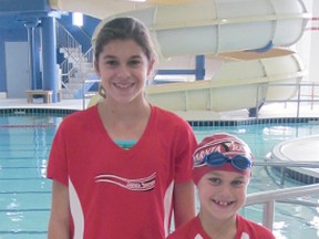 The Sarnia Y Rapids 1 swim team participated in the first swim meet of the St. Clair Erie Aquatic League (SEAL) season in Aylmer. First-place ribbon winners were Ciara Brown, left, and Trevor Kozak. (Submitted photo)