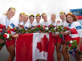 The Canadian women’s eight display their silver medals at this year’s World Rowing Championships in Amsterdam (Katie Steenman Images, courtesy of Rowing Canada Aviron).