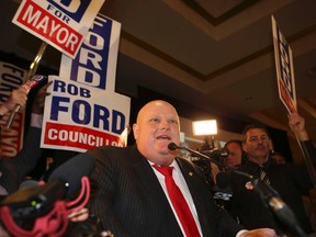 Mayor Rob Ford, seen here on election night, Oct. 27, 2014, told the Sun's Joe Warmington that his tumour has not shrunk since receiving two rounds of chemotherapy. (Veronica Henri/Toronto Sun)