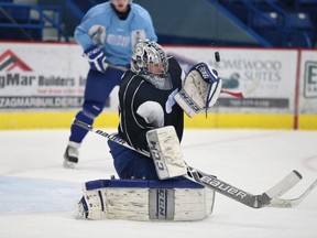 Sudbury Wolves netminder Troy Timpano makes a save during practice at Sudbury Community Arena on Thursday afternoon. The Wolves will try to snap a 12-game losing streak Friday night when the Sarnia Sting pay a visit.