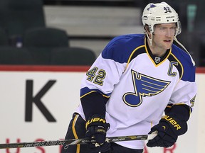 Blues captain David Backes (pictured), along with teammate T.J. Oshie, suffered concussions during Tuesday's game against the Stars. (Al Charest/QMI Agency)