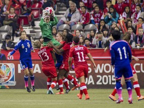 Stephanie Labbé (green kit) came off a superb season in Sweden to help Canada put forth a valiant effort on Oct. 26 in a 3-2 friendly loss to Japan. - Photo Courtesy Soccer Canada