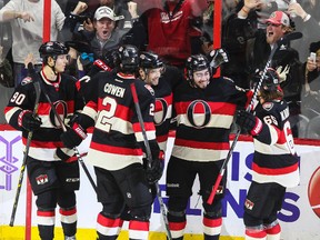 Mika Zibanejad celebrates his first goal of the season Thursday night at the Canadian Tire Centre. (Errol McGihon/Ottawa Sun)