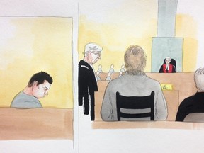A court sketch of the Luka Magnotta trial in Montreal, Oct. 31, 2014. (DELF BERG/QMI Agency)
