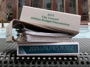 The City of Edmonton 2015 utilities, capital and operating budgets outside Edmonton City Hall, in Edmonton Alta., on Friday Oct. 31, 2014. Edmonton administration released details of the proposed capital and operating budget for 2015 on Friday. The documents will be brought to next week's council meeting with deliberations scheduled to take place later in November. David Bloom/Edmonton Sun