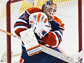 Viktor Fasth was back at practice with the Oilers Friday and is expected to back up Ben Scrivens on Saturday. (Codie McLachlan, Edmonton Sun)