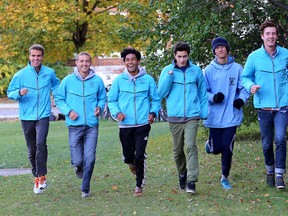 Members of the Kingston Blues cross country team, from left, Ben Workman, Cameron Linscott, Reilly Lacasandile, Ben Pulver, Edwin Morelli and Kaelan Pawsey, will compete at OFSAA on Saturday. (IAN MACALPINE/THE WHIG-STANDARD)