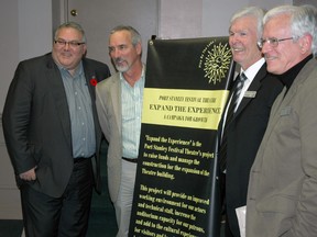 Elgin-Middlesex-London MP Joe Preston, left, gathers with Port Stanley Festival Theatre artistic director Simon Joynes, theatre board of directors president Bob Halle and vice-president Brian Welsh at the theatre on Friday. Preston announced $440,000 in federal funding toward the expansion and renovation of the theatre. (Ben Forrest, Times-Journal)