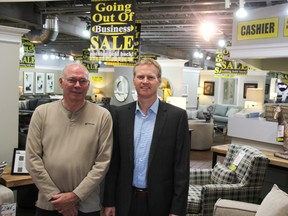Bob and Lance Bryenton stand in the showroom of their family furniture store in Sarnia. After 35 years, Bryenton's Furniture and Interiors is closing its doors. (TYLER KULA, The Observer)