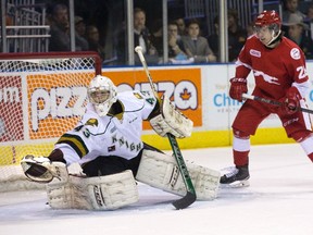 London Knights goalie Michael Giugovaz makes a glove save in front of Sault Ste. Marie Greyhound Sergey Tolchinsky in the first period of their Ontario Hockey League at Budweiser Gardens on Friday.  (DEREK RUTTAN, The London Free Press)