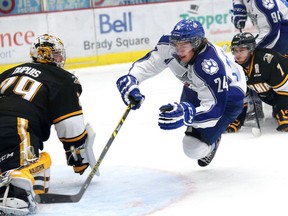 Sudbury Wolves' Evan de Haan goes airborne in front of the Sarnia Sting goal during OHL action at Sudbury Community Arena on Saturday night.