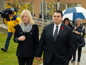 Peterborough MP Dean Del Mastro leaves court with his wife Kelly after receiving a guilty verdict in his election fraud trial on Friday, October 31, 2014 at Lindsay, Ont.  court. Clifford Skarstedt/ QMI Agency