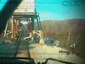 This screenshot from video footage released to ABC News "20/20" was taken from a train showing "Midnight Rider" film crew members fleeing the set moments before the train hit a bed that was used as a prop on the the train tracks in February. (ABC News screengrab)