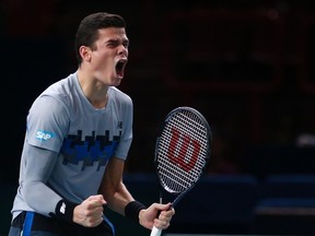 Canadian Milos Raonic beat Roger Federer at the Paris Masters on Friday and now faces Novak Djokovic in the final on Sunday. (Reuters)