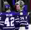 Leafs' James Reimer celebrates win. Toronto Maple Leafs beat the Chicago Blackhawks 3-2  at the Air Canada Centre in Toronto on Saturday November 1, 2014. Craig Robertson/Toronto Sun/QMI Agency