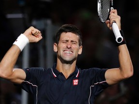 Novak Djokovic of Serbia celebrates after winning against Milos Raonic of Canada during the men's singles final tennis match at the Paris Masters tennis tournament at the Bercy sports hall in Paris, November 2, 2014. REUTERS/Benoit Tessier