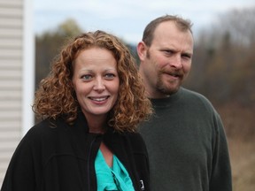 Nurse Kaci Hickox (L) joined by her boyfriend Ted Wilbur speak with the media outside of their home in Fort Kent, Maine, October 31, 2014. REUTERS/Joel Page