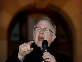 Wildrose MLA Joe Anglin addresses an Alberta Union of Provincial Employees (AUPE) Bill 46 protest outside the Alberta Legislature, in Edmonton Alta., on Nov. 28, 2013. David Bloom/Edmonton Sun/QMI Agency.