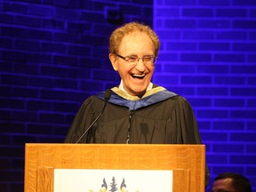 Ben Leeson/The Sudbury Star
In this file photo, former Sudbury MPP and mayor Jim Gordon shares a laugh with the audience after receiving an honourary doctorate of laws from Laurentian University during a convocation ceremony in the Fraser Auditorium.