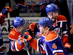Taylor Hall (4) and the Edmonton Oilers celebrates Halls' goal against the Nashville Predators during the third period  Rexall Place, in Edmonton on Wednesday Oct. 29, 2014. David Bloom/Edmonton Sun/QMI Agency