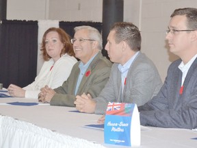 Four of the five Ontario Progressive Conservative Party leadership hopefuls were in Wingham Saturday, November 1, 2014 for a meeting with Huron-Bruce supporters. The event was one of the first opportunities the candidates had to share their views on what the party needs to do to be successful in the 2018 election. Pictured from left to right: Nepean-Carleton MPP Lisa MacLeod, Nipising MPP Vic Fideli, Barrie MP Patrick Brown and Lambton-Kent-Middlesex MPP Monte McNaughton. (Patrick Bales/For the Signal Star)