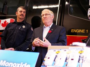 Oxford MPP Ernie Hardeman speaks of the dangers of carbon monoxide poisoning while launching Carbon Monoxide Awareness Week at the Woodstock Fire Department on Friday.  (BRUCE CHESSELL, Sentinel-Review)