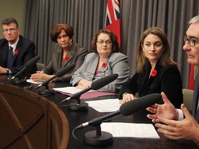 Dissenting Manitoba NDP cabinet ministers (l-r) Andrew Swan, Theresa Oswald, Jennifer Howard, Erin Selby and Stan Struthers  speak at a news conference in Winnipeg, Man. Monday November 03, 2014.
Brian Donogh/Winnipeg Sun/QMI Agency