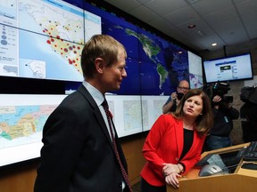 Canada's Federal Minister of Health Rona Ambrose tours the Emergency Response Center with Dr. Gregory Taylor at the National Microbiology Lab in Winnipeg, Manitoba, November 3, 2014. REUTERS/Lyle Stafford (CANADA - Tags: HEALTH POLITICS)