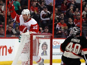 Detroit Red Wings' Johan Franzen celebrates a goal against the Senators Feb. 27, 2014, at  the Canadian Tire Centre. (Ottawa Sun Files)