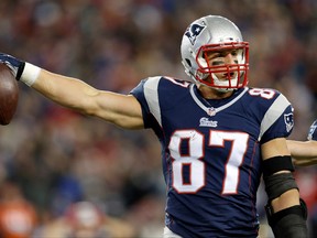 New England Patriots tight end Rob Gronkowski reacts to a call during the fourth quarter against the Denver Broncos at Gillette Stadium on Nov. 2, 2014. (Greg M. Cooper/USA TODAY Sports)